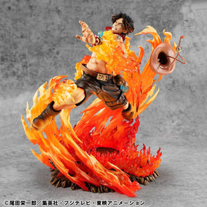 The Megahouse P.O.P. Ace NEO-MAXIMUM Limited Figure in a dynamic pose, leaping amidst massive translucent orange flames.