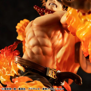 A very close-up shot of Ace's muscular abdomen and chest, focusing on the sculpt detail and the fiery lighting on his skin.