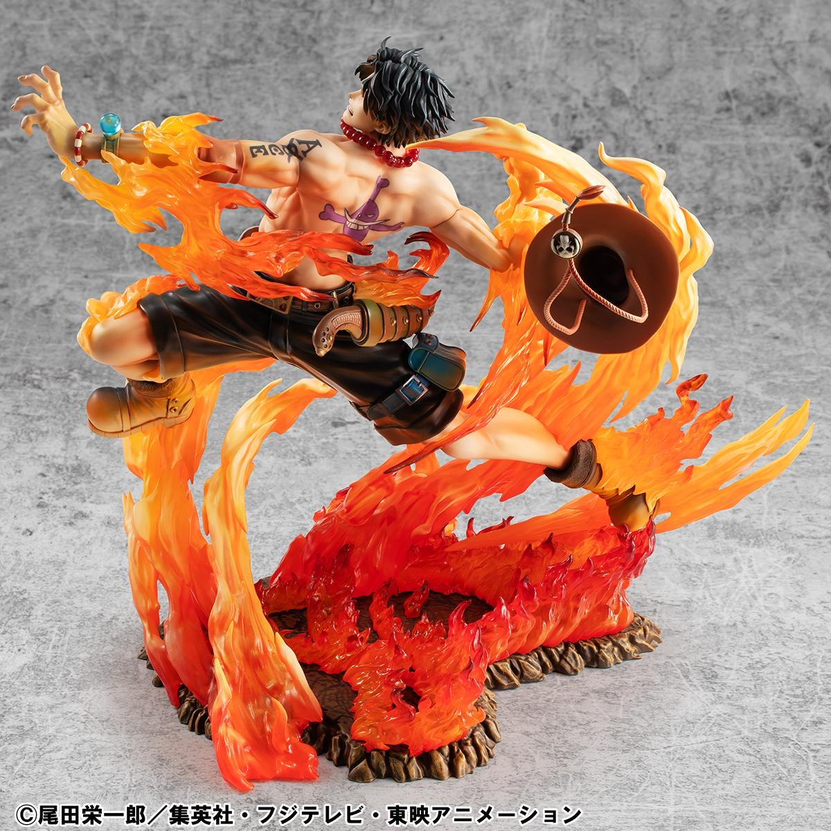 Ace figure leaping with his back facing forward, clearly showing his Whitebeard Pirates tattoo and the dynamic fire base.