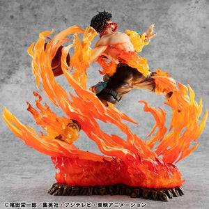 Rear view of the Ace figure, showing the powerful thrust of his attack and the immense flames engulfing the base.