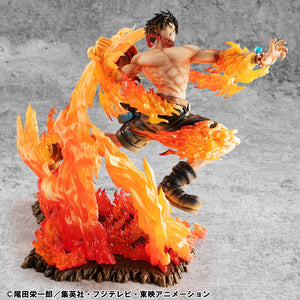 Side profile of the Ace figure, captured mid-run or mid-air, with orange flames bursting from his limbs.