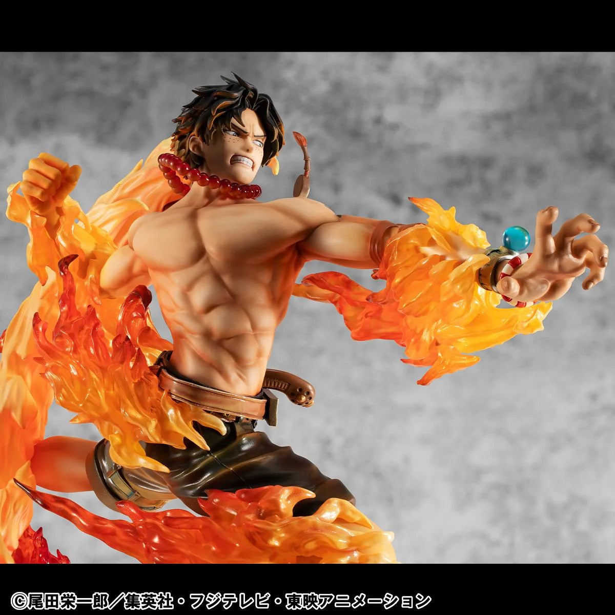 A side close-up of Ace's body, showing the definition of his abs, his determined face, and the dynamic fire surrounding him.