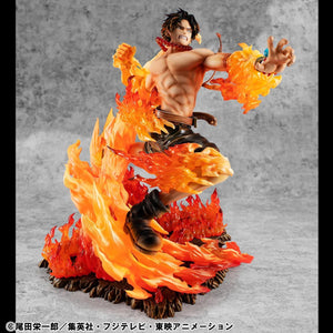 Full view of the Ace figure, showcasing the raw power of the Mera Mera no Mi with a large, vibrant flame base.