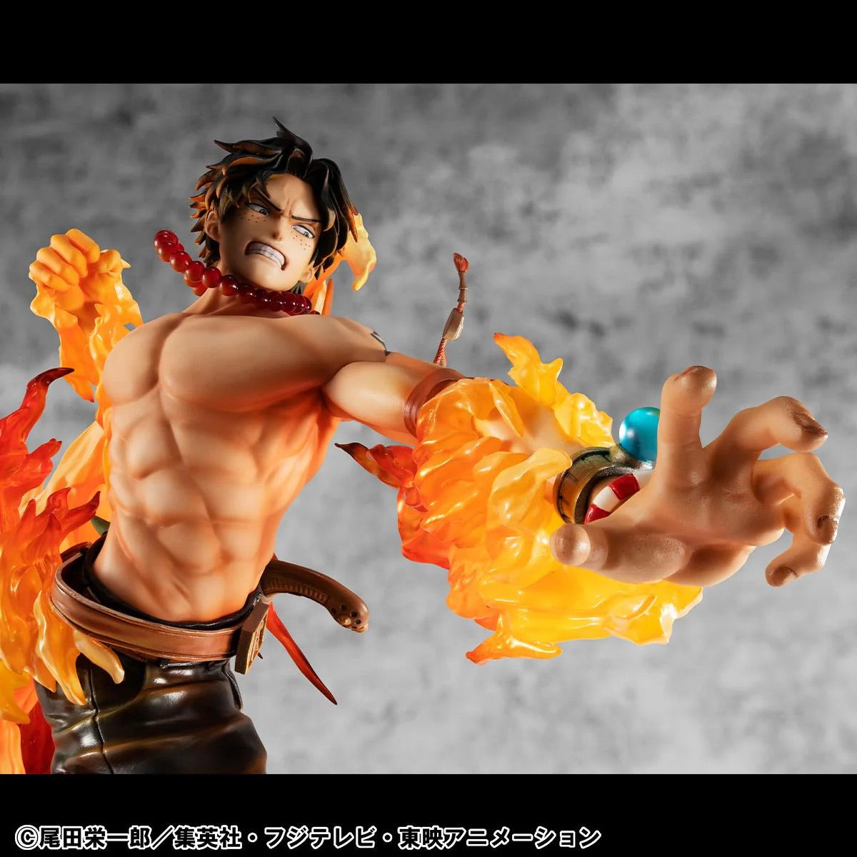 Close-up of Ace's extended arm and torso, focusing on his strong muscles, intense gaze, and the orange flame effects.
