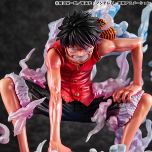 A wide shot of the Luffy Gear 2 figure in the crouch pose, using dark lighting to enhance the contrast of the steam and muscle.