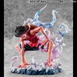 Side angle of the Luffy Gear 2 figure, demonstrating the tension in his limbs and the flow of the steam effect pieces.