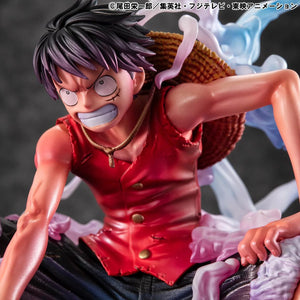 A close-up of Luffy's face and shoulder, rendered in dark lighting to emphasize his veins and intense expression.