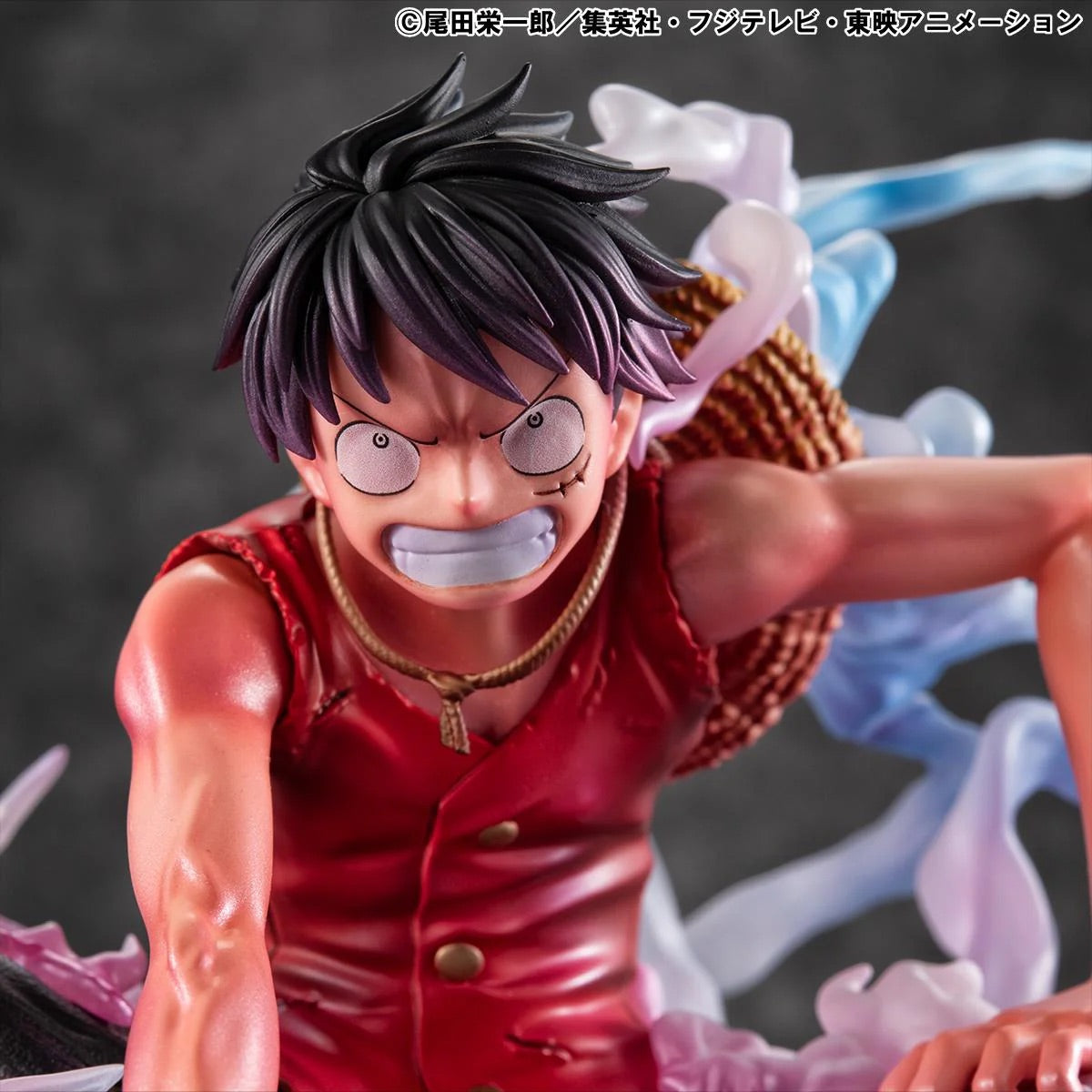 An extremely intense close-up of Luffy's face, focusing on his grimace and the purple hue in his hair.