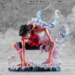 Full view of the Luffy Gear 2 figure, showing his body crouched low, surrounded by translucent blue and pink steam effects.
