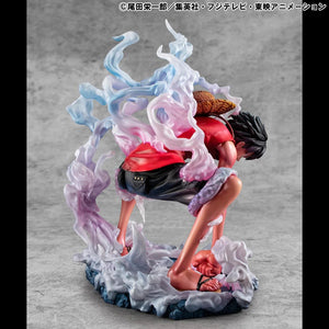 Side profile of the Luffy Gear 2 figure, showing his lean, charged body and the details of his red vest and sandals.
