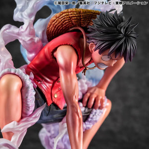 A close-up side view of the Luffy Gear 2 figure, captured with bright, even lighting to showcase the detail of the sculpt.