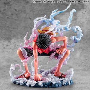 The Megahouse P.O.P. Luffy Gear 2 Limited Edition Figure in a low, crouched charging pose, emphasizing the dynamic steam effects and his fierce determination.