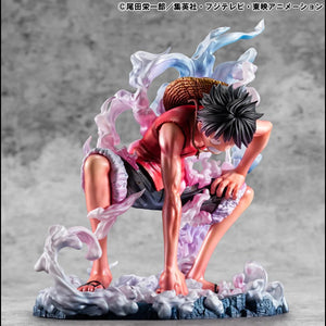A view of the Luffy Gear 2 figure from a slightly higher angle, showing his hat hanging on his back and the spread of the steam.