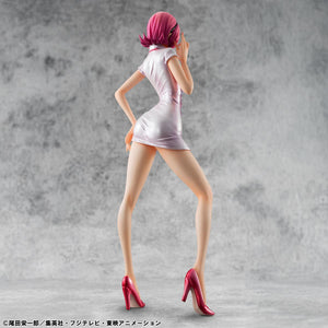 Rear view of the Megahouse Portrait of Pirates Vinsmoke Reiju figure showcasing the detailed sculpt of her casual outfit.