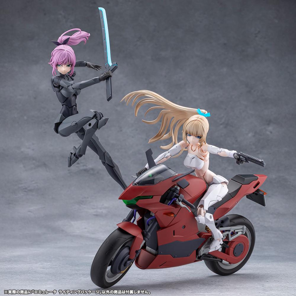 Dynamic dual action scene featuring the white Megalomaria model riding the bike while Emulator leaps with a sword.