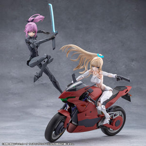 Dynamic dual action scene featuring the white Megalomaria model riding the bike while Emulator leaps with a sword.