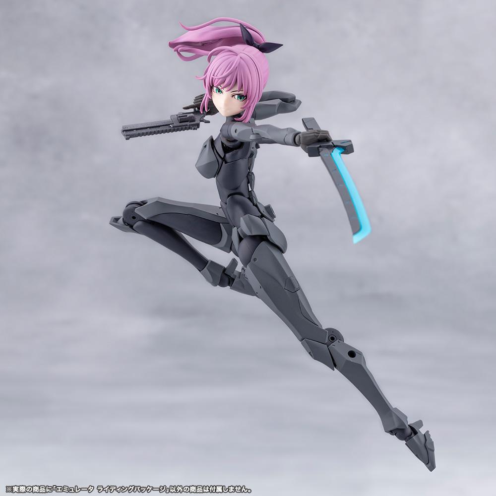 Flying slash action pose of Emulator wielding a blue glowing sword and handgun simultaneously.