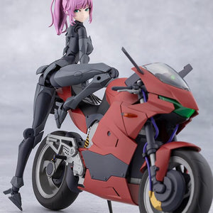 Dynamic low rear angle of Emulator straddling the parked red sports motorcycle looking back over her shoulder.