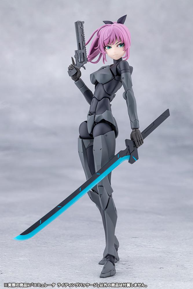 Full standing pose of Emulator equipped with a hand cannon revolver and a cyan edge sword.