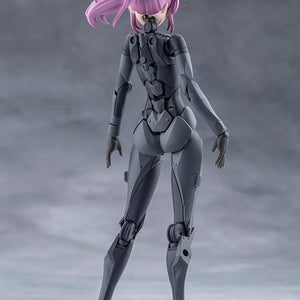 Rear standing view of the Megalomaria Emulator figure showing spine articulation and mechanical joints.