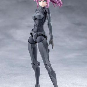 Full-length front view of the Emulator model kit in dark grey riding suit armor with pink ponytail hair.