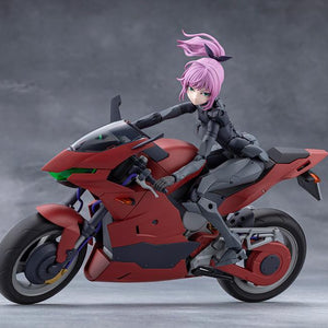 Kotobukiya Megalomaria Emulator model kit posed leaning forward and riding the red sports motorcycle.