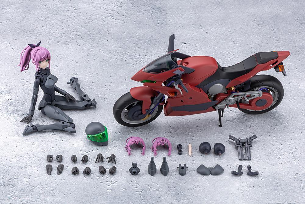 Flat layout displaying all included model kit components, bike, Emulator figure, 7 hand sets, bangs, helmet, and weapons.