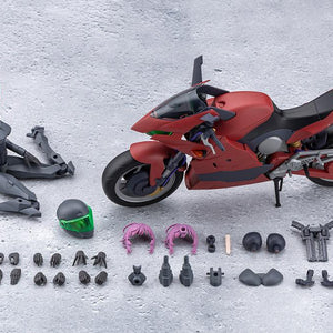 Flat layout displaying all included model kit components, bike, Emulator figure, 7 hand sets, bangs, helmet, and weapons.