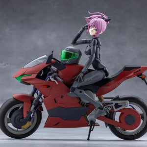 Megalomaria Unlimited Universe Emulator figure sitting sideways on the red Extreme Sports Bike with helmet on the tank.