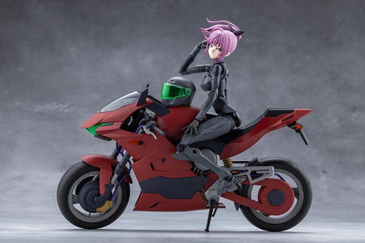Megalomaria Unlimited Universe Emulator figure sitting sideways on the red Extreme Sports Bike with helmet on the tank.