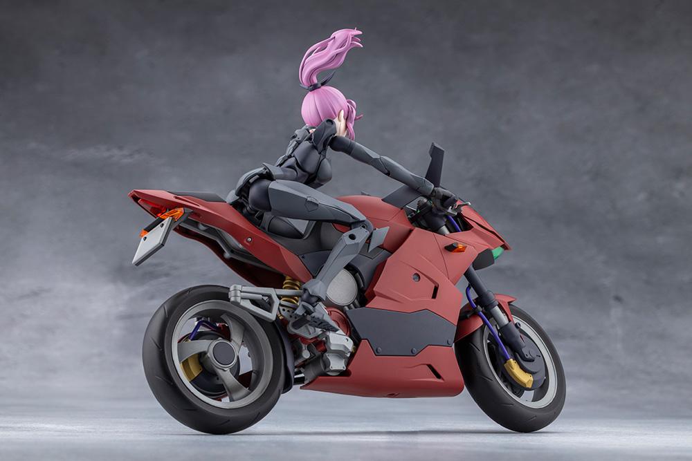 Rear three-quarter view of Emulator riding the red Hexa Red sports bike against a grey studio backdrop.