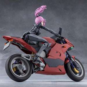 Rear three-quarter view of Emulator riding the red Hexa Red sports bike against a grey studio backdrop.