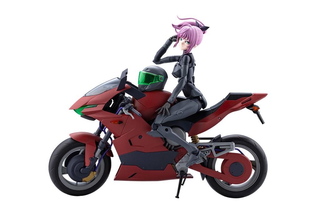 Studio product photo of the Megalomaria Emulator figure sitting on the red sports bike isolated on a white background.