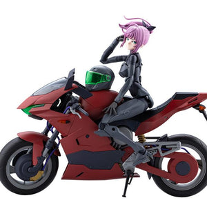 Studio product photo of the Megalomaria Emulator figure sitting on the red sports bike isolated on a white background.