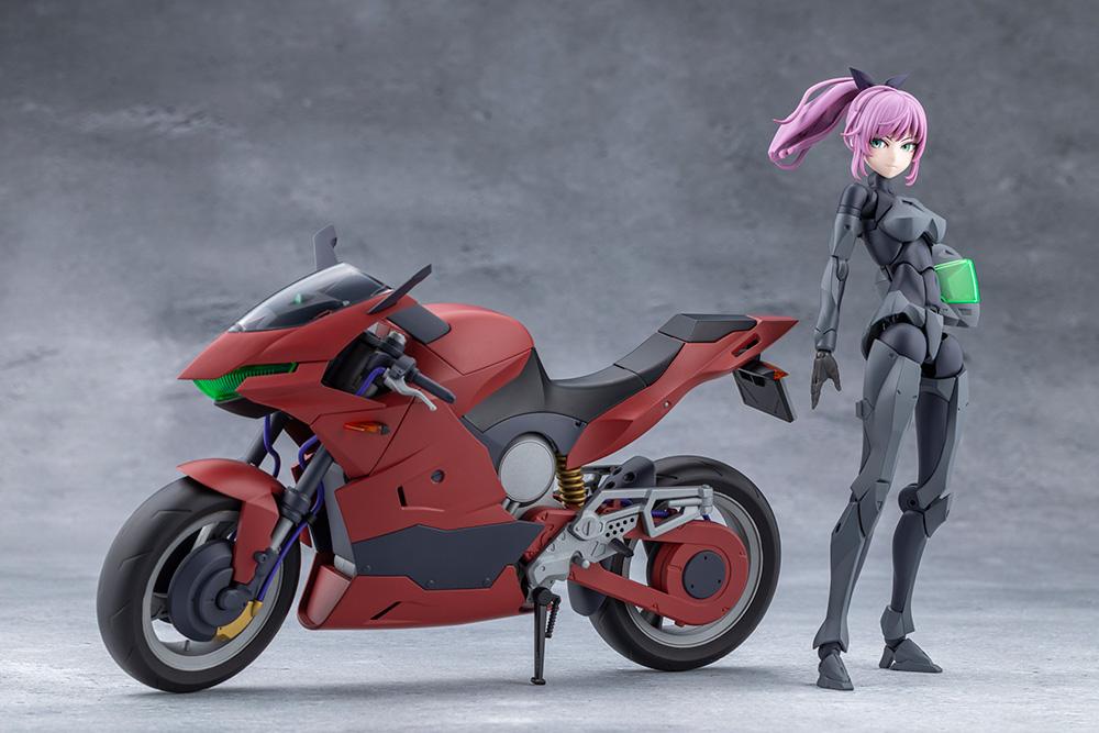 Full-body shot of the Emulator model figure standing beside the red Extreme Sports Bike holding her helmet.
