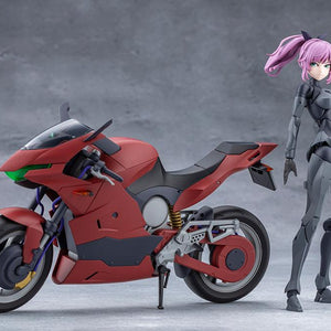 Full-body shot of the Emulator model figure standing beside the red Extreme Sports Bike holding her helmet.
