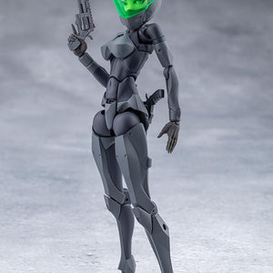Full-body standing shot of Emulator wearing the full-face helmet with transparent green visor and holding a pistol.