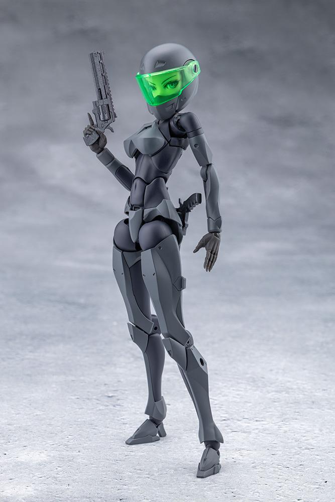 Full-body standing shot of Emulator wearing the full-face helmet with transparent green visor and holding a pistol.