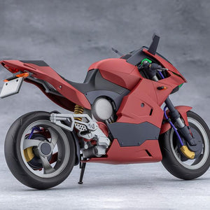 Rear angle view of the assembled red Extreme Sports Bike showing exhaust, wheels, and rear suspension details.