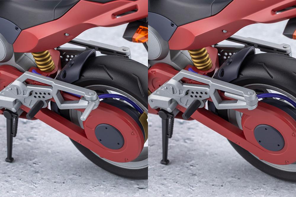 Detail comparison of the adjustable rear footpeg and swingarm mechanism on the red sports motorcycle.