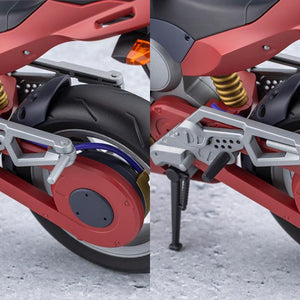 Detail comparison of the adjustable rear footpeg and swingarm mechanism on the red sports motorcycle.