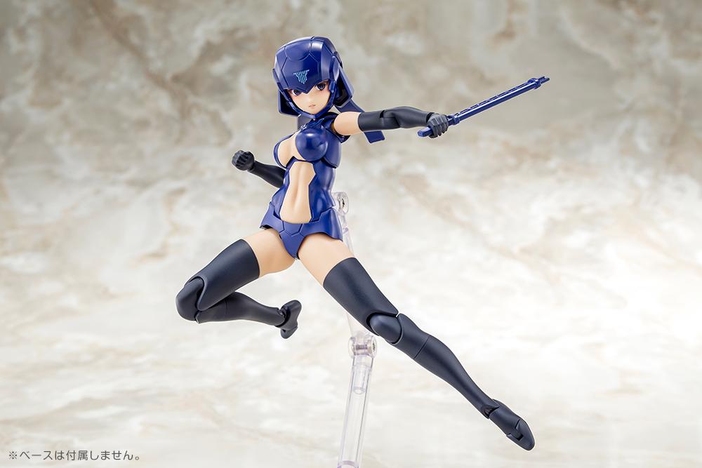 Dynamic mid-air action pose of the Megami Device model kit body wielding a small tactical blade weapon accessory supported by a clear stand.