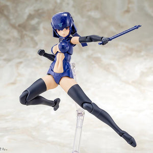 Dynamic mid-air action pose of the Megami Device model kit body wielding a small tactical blade weapon accessory supported by a clear stand.