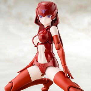 Kneeling pose of the Megami Device B1R-L Chassis Kit base model displaying high joint articulation on a mottled studio background.