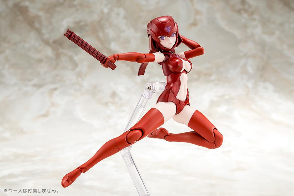 Dynamic mid-air action pose of the Megami Device model kit body wielding a small tactical blade weapon accessory supported by a clear stand.