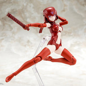 Dynamic mid-air action pose of the Megami Device model kit body wielding a small tactical blade weapon accessory supported by a clear stand.