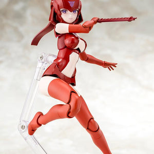 Leaping action pose of the red Megami Device B1R-L Chassis figure displaying enhanced joint mobility and standard eye-printed faceplate.
