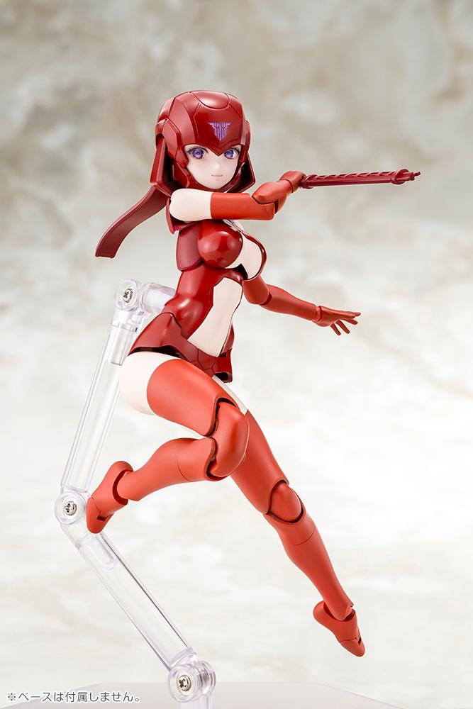 Leaping action pose of the red Megami Device B1R-L Chassis figure displaying enhanced joint mobility and standard eye-printed faceplate.