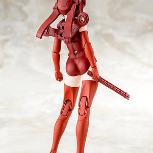 Rear view showcasing the back armor connections and specialized weapon mount points of the helmeted red chassis body variant.