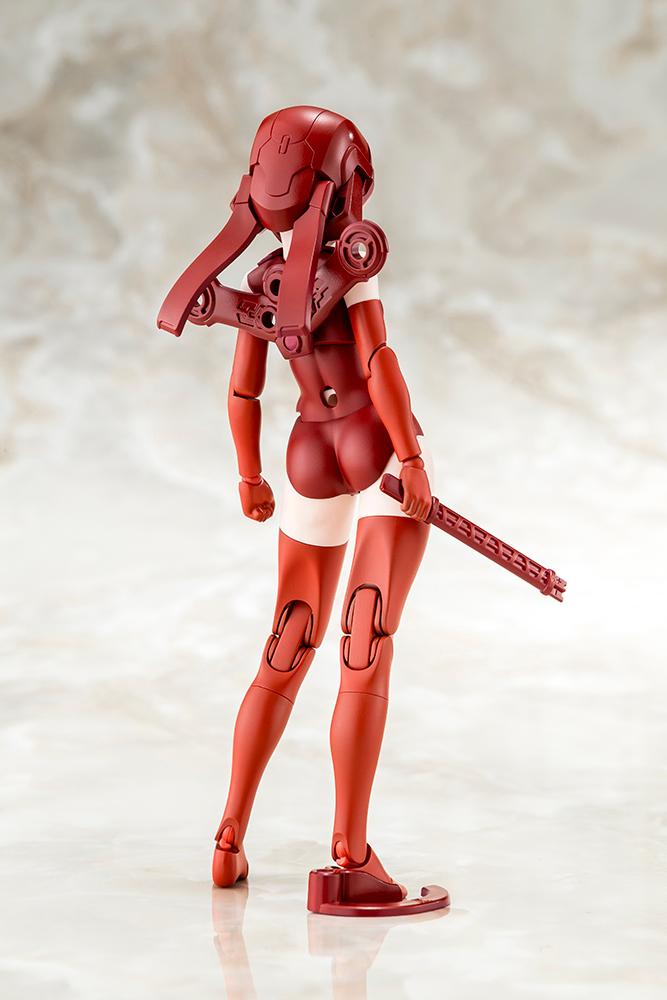 Rear view showcasing the back armor connections and specialized weapon mount points of the helmeted red chassis body variant.